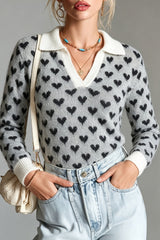 Pull Femme En Maille À Motifs Cœurs Avec Col Blanc