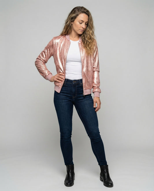 Veste bomber brillante pour femme vue de dos