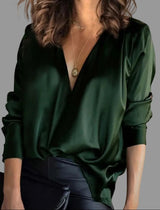 Blouse Satinée Femme Décolleté V Drapé Manches Longues