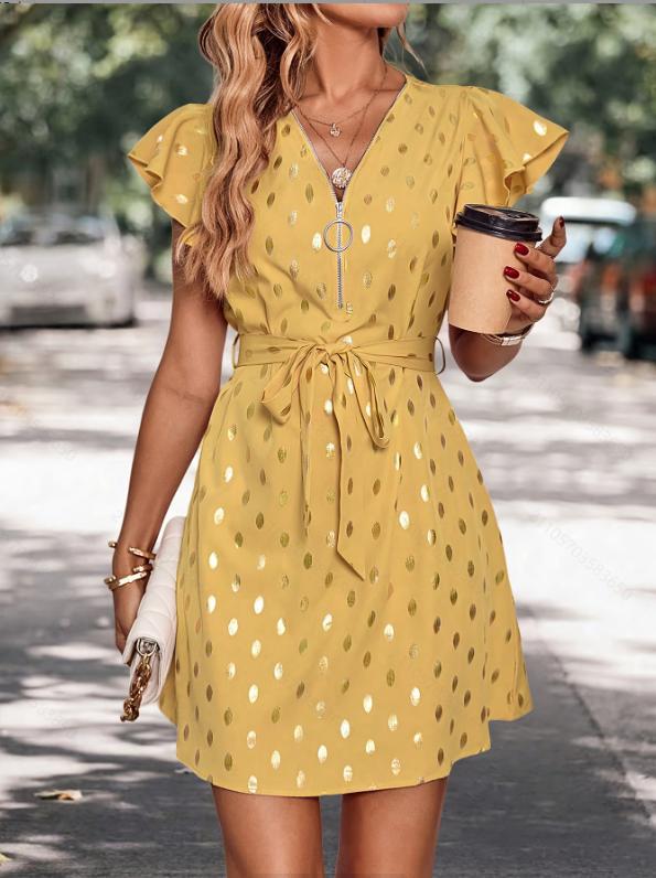 Robe Midi À Pois Femme Taille Haute Manches Longues