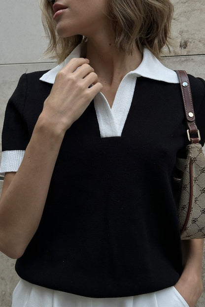 Pull polo femme noir avec manches courtes en maille