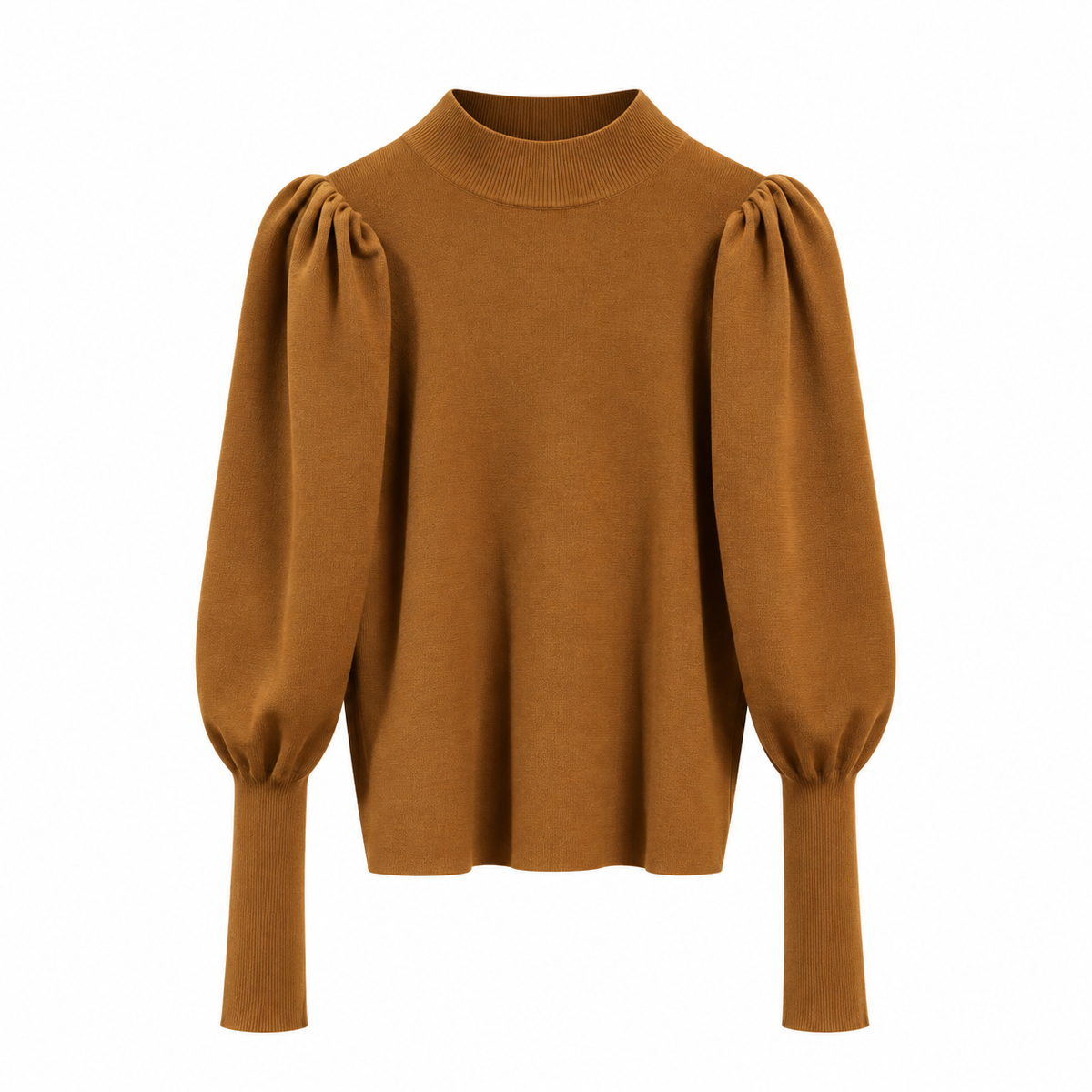 Pull Femme Côtelé À Col Montant Manches Bouffantes