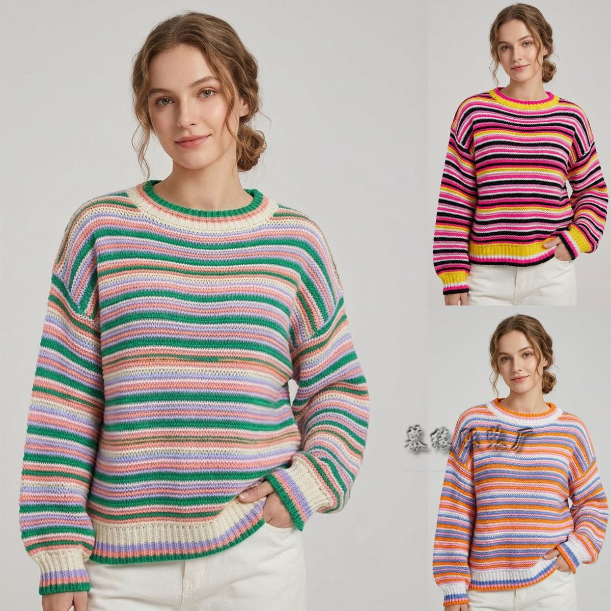 Pull femme rayé à col rond, présenté sur fond neutre