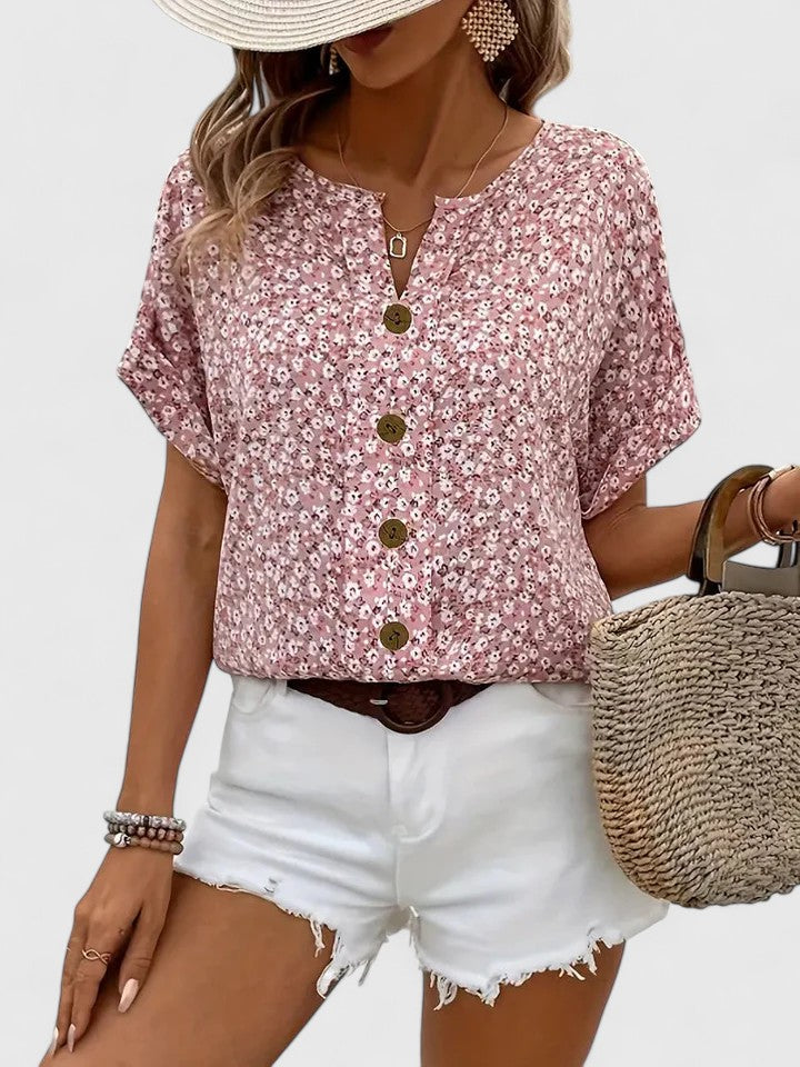 Top floral ample pour femme, vue de face, avec motif fleuri et coupe fluide