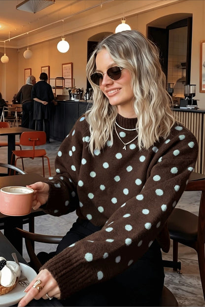 Pull Femme En Maille À Pois Col Rond Marron