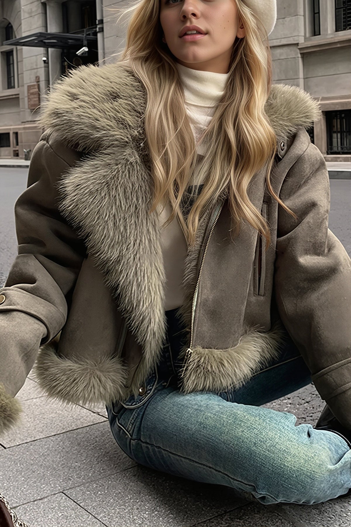 Manteau femme court en suédine présenté de dos