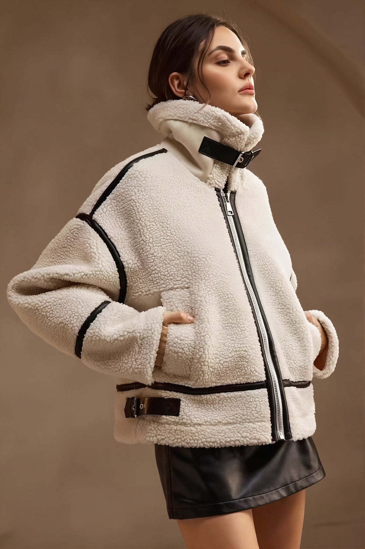 Manteau Femme Polaire Sherpa À Passepoil Contrastant