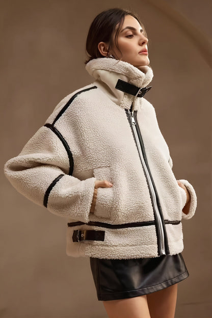 Manteau Femme Polaire Sherpa À Passepoil Contrastant