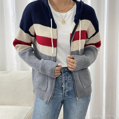 Cardigan Femme Zippé À Capuche Bicolore