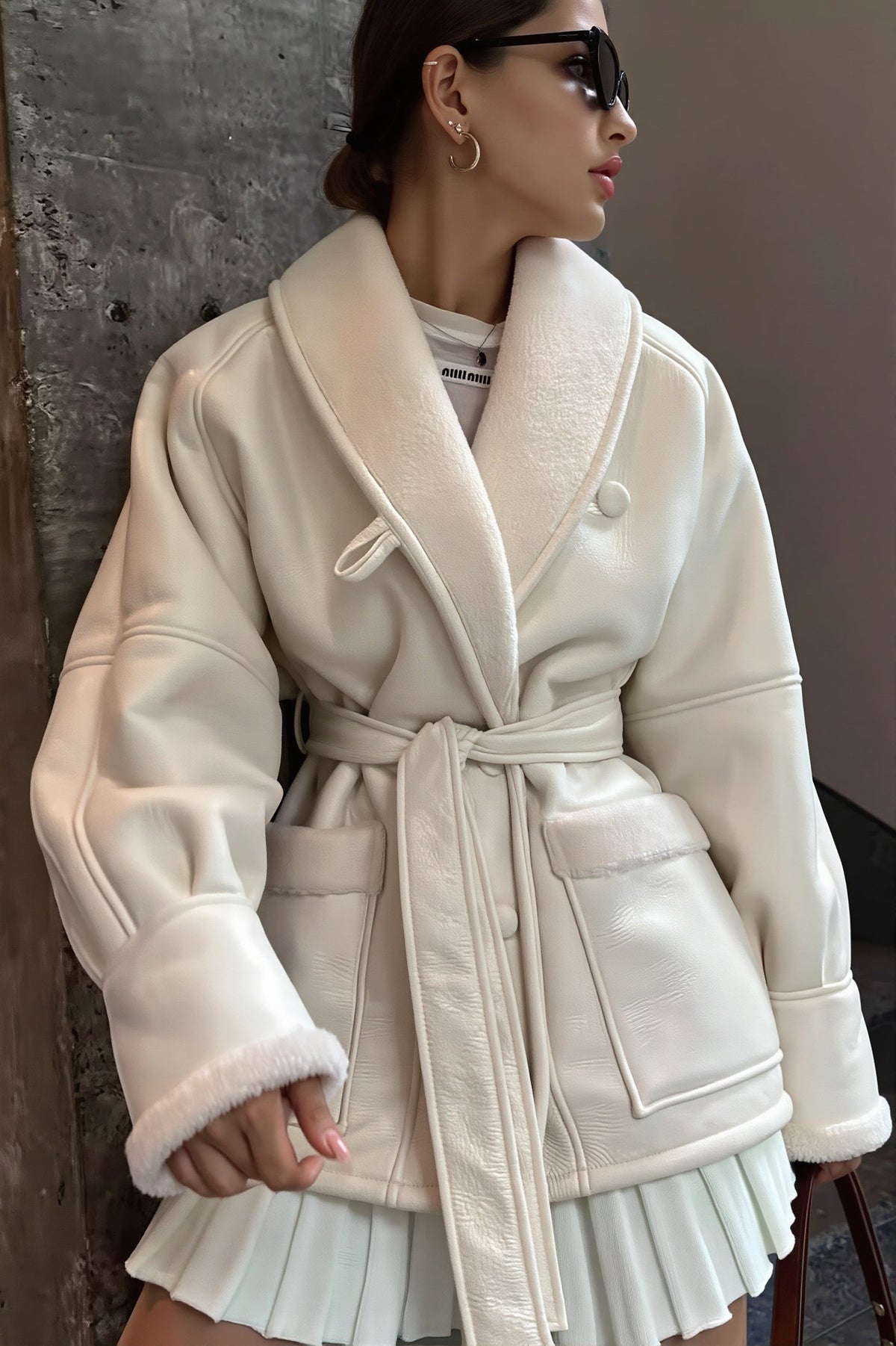 Manteau Femme Long Similicuir Doublé Imitation Mouton Ceinturé