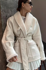 Manteau Femme Long Similicuir Doublé Imitation Mouton Ceinturé