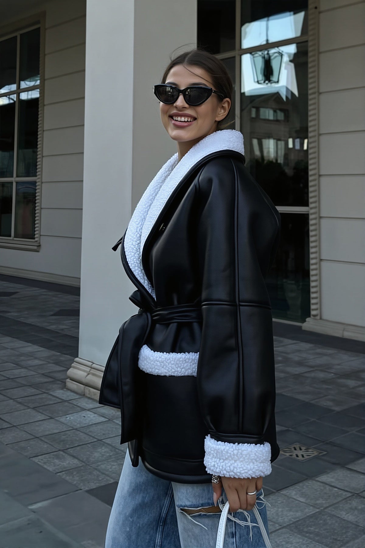 Manteau Femme Long Similicuir Doublé Imitation Mouton Ceinturé
