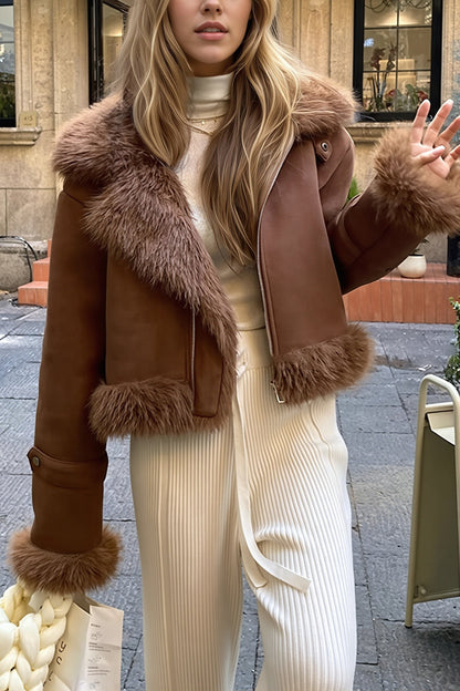 Manteau Femme Court En Suédine À Col Fausse Fourrure