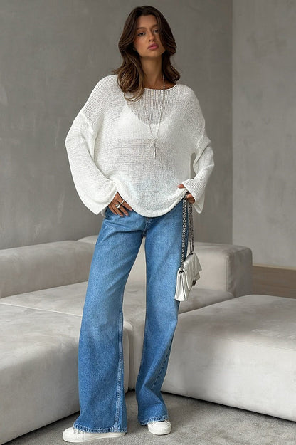 Vue rapprochée de l’encolure et de la maille ajourée du pull
