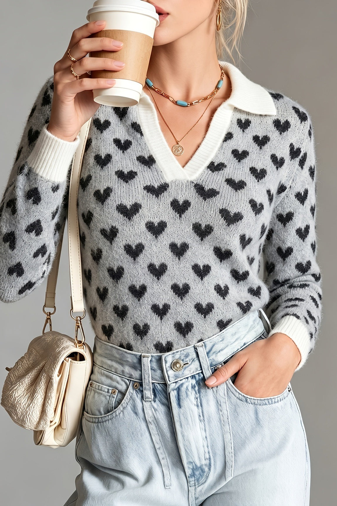Pull femme avec col blanc contrastant et motif jacquard cœur