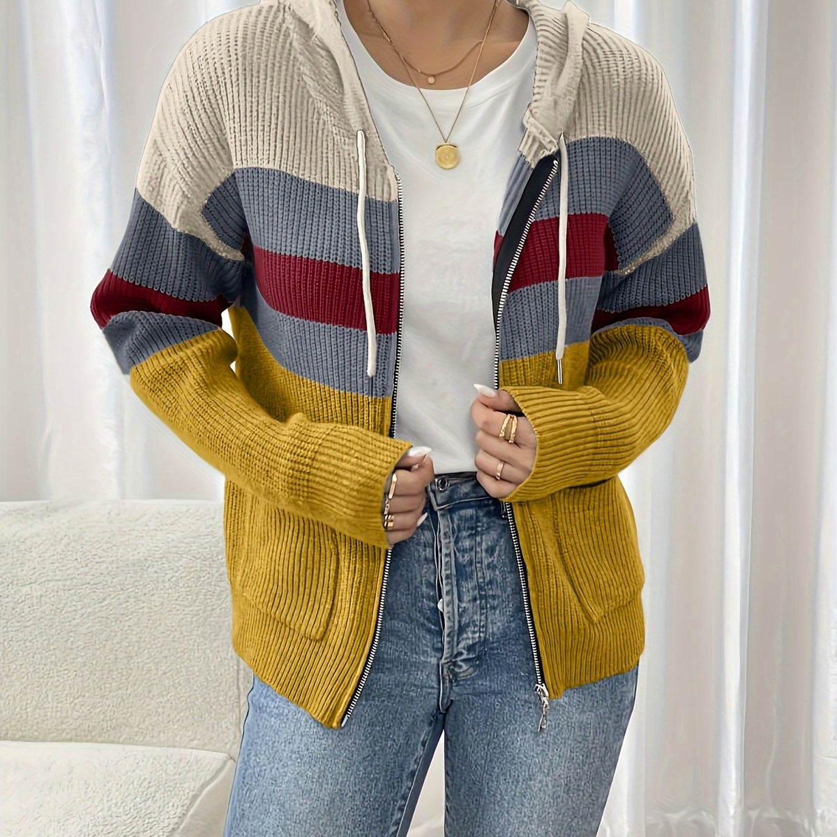 Cardigan Femme Zippé À Capuche Bicolore
