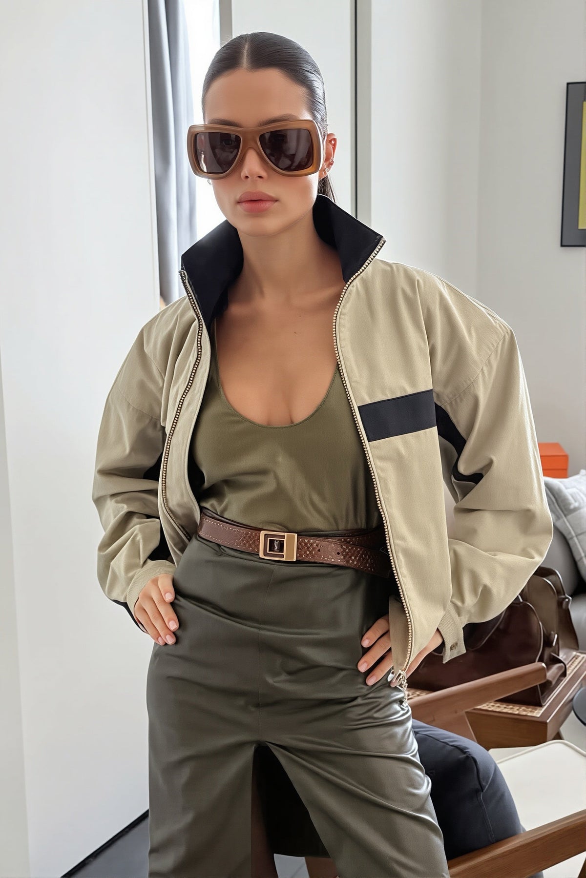 Détail de la fermeture zippée sur une veste courte bicolore
