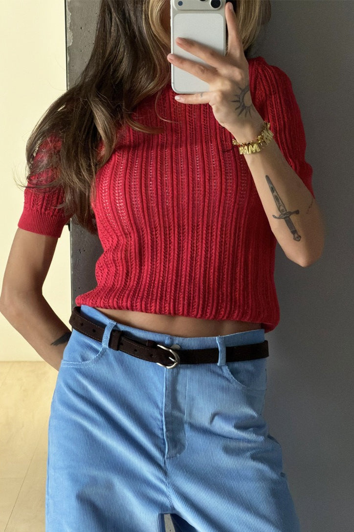 Vue arrière du pull femme en maille ajourée à manches courtes