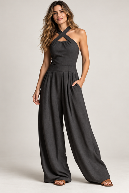 Combinaison Femme Fluide Jambes Larges Encolure Américaine