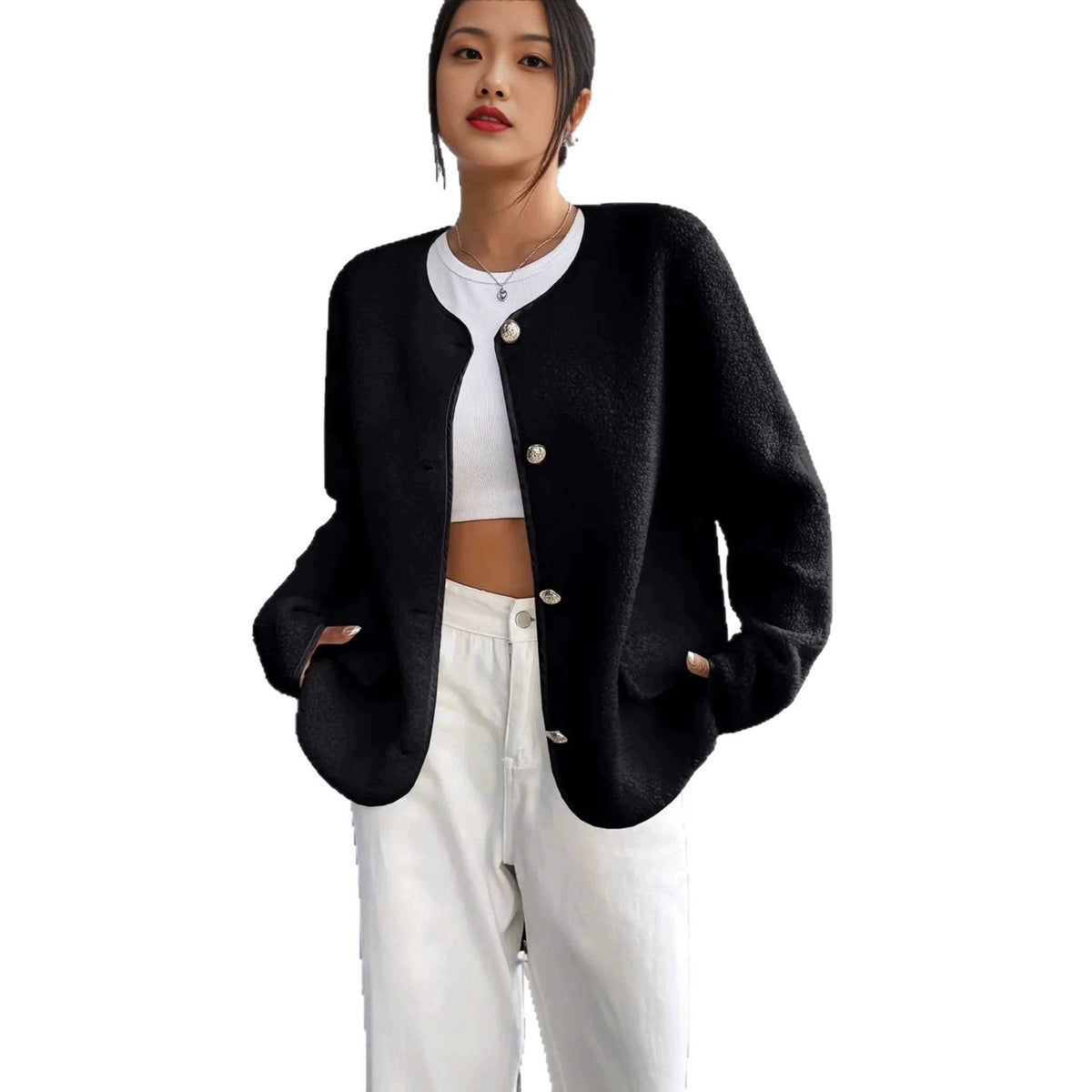 Détail de la texture effet laine du manteau femme