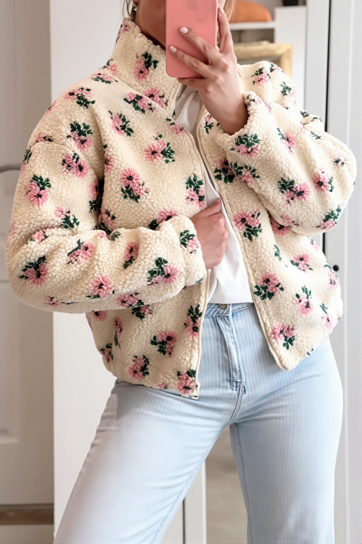 Veste sherpa fleurie pour femme avec fermeture zippée