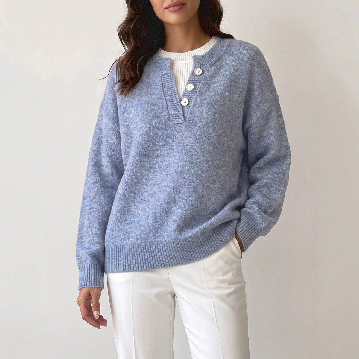 Pull femme en maille effet deux pièces avec col demi-zip