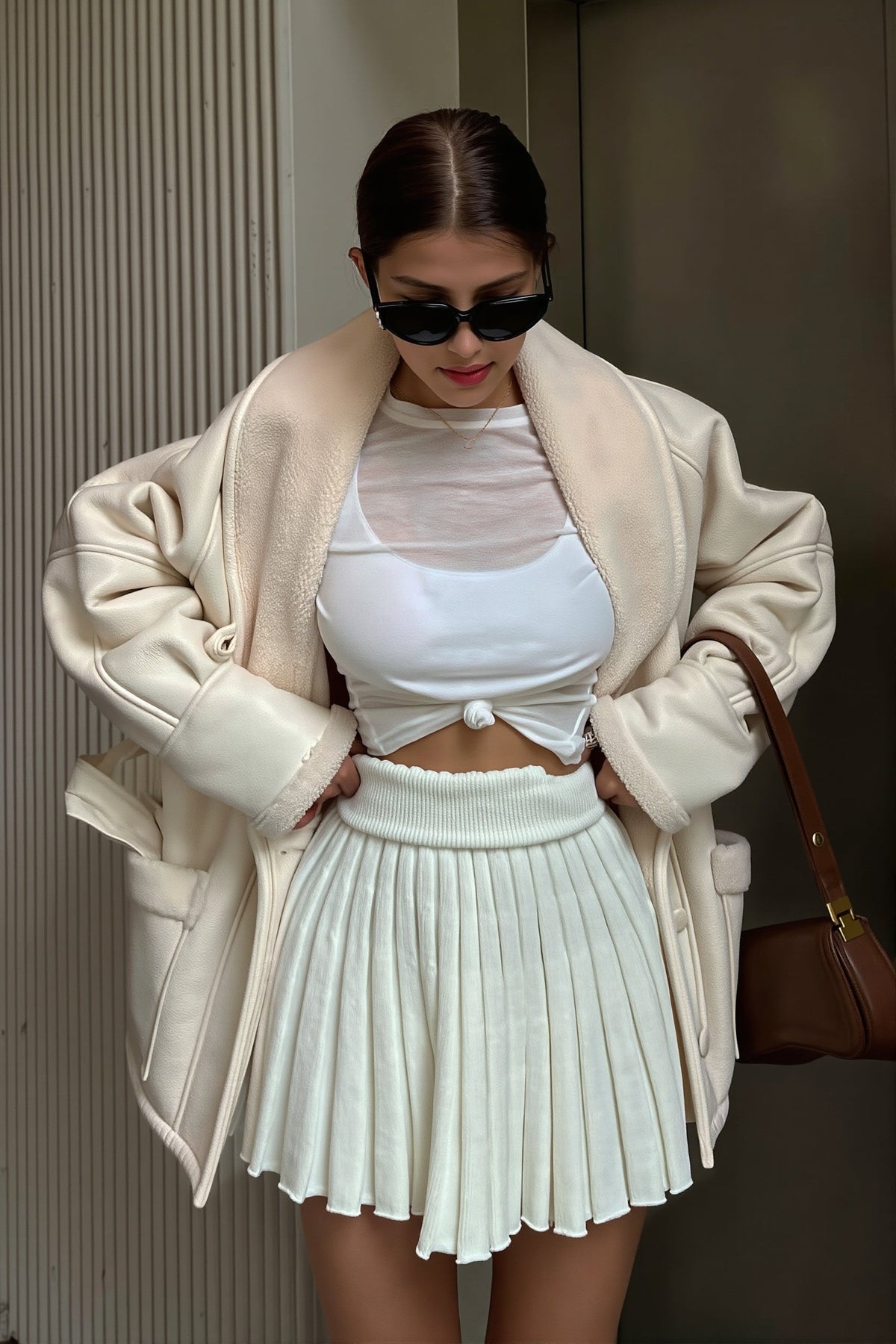 Manteau long femme ceinturé en similicuir, porté de trois quarts