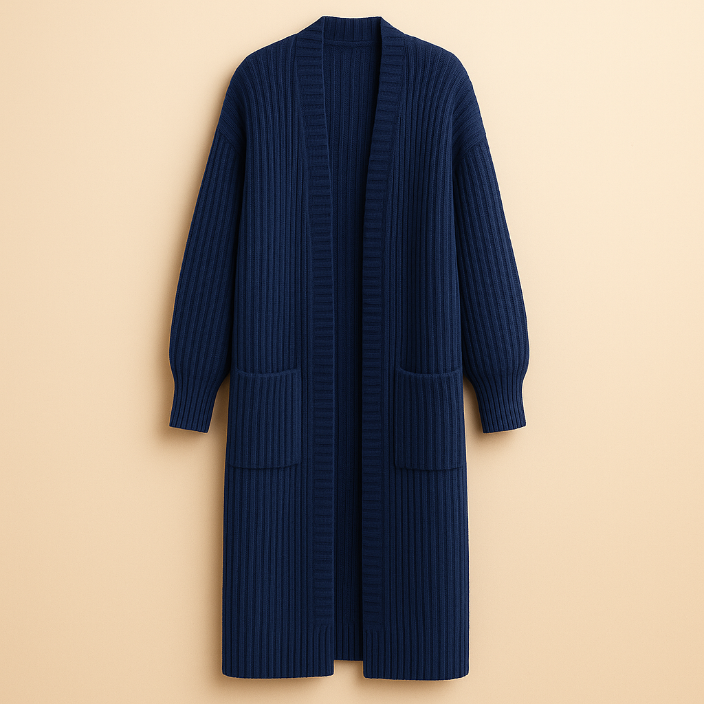 Coupe ample et longueur du cardigan en maille