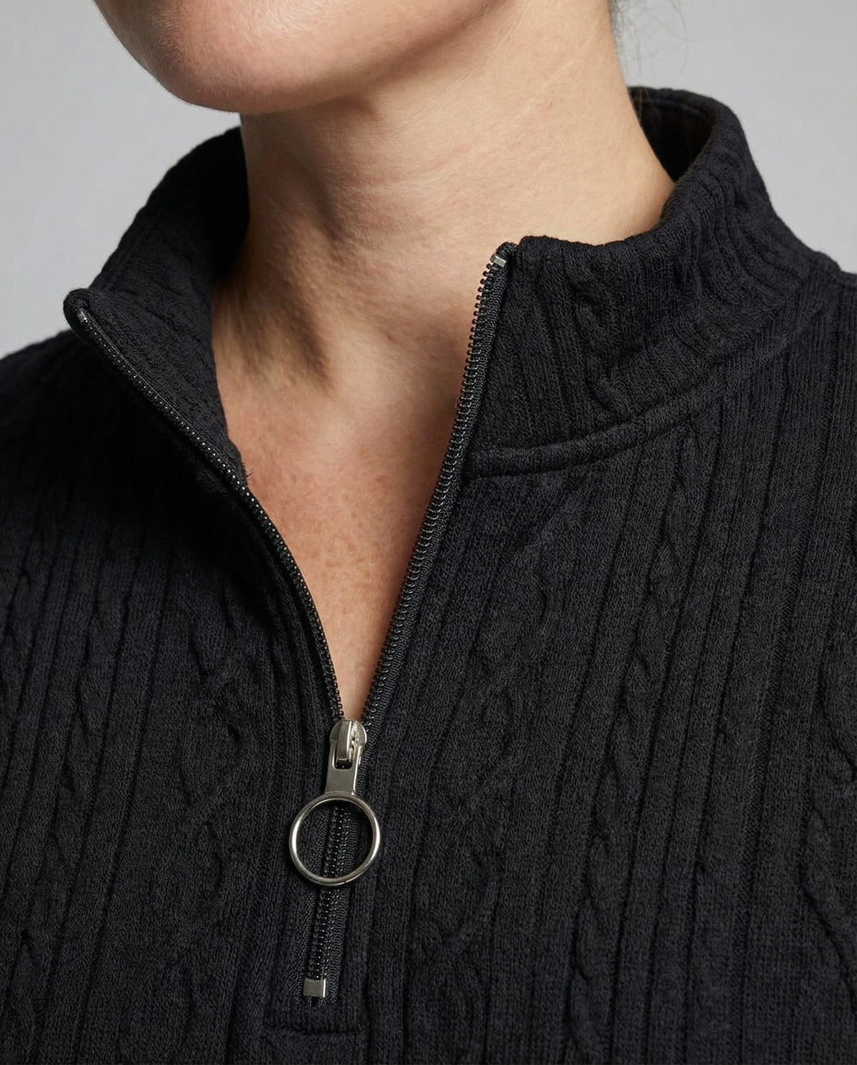 Détail du col et de la maille texturée du pull