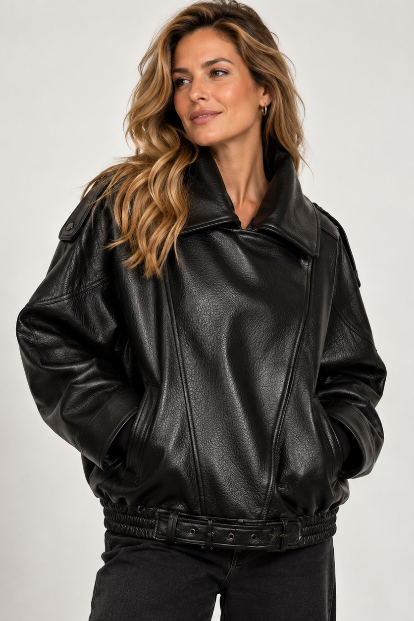 Veste femme en similicuir à col montant et coupe droite