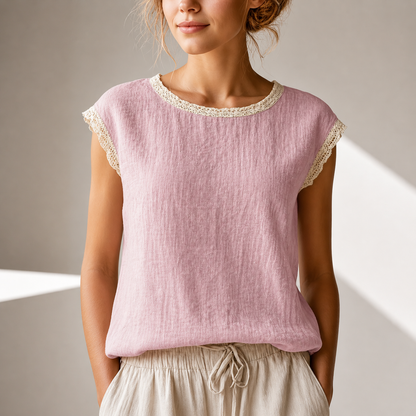 Vue rapprochée du tissu et des finitions en dentelle de la blouse.