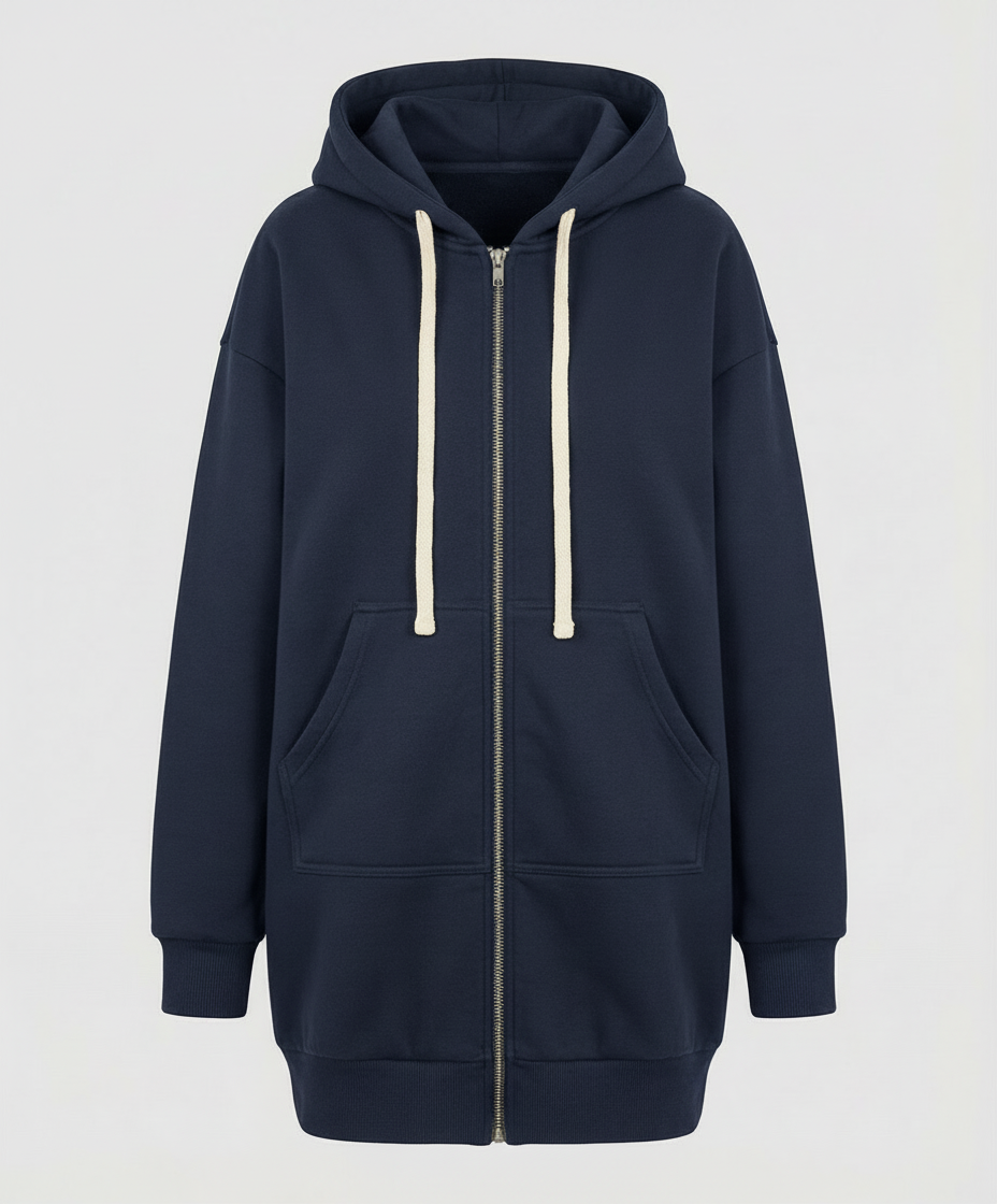 Sweat long zippé femme porté dans une tenue décontractée
