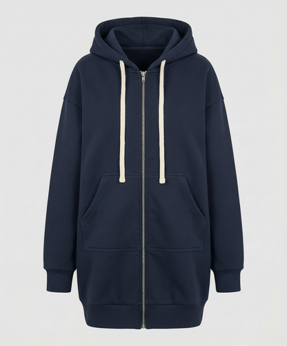 Sweat long zippé femme porté dans une tenue décontractée
