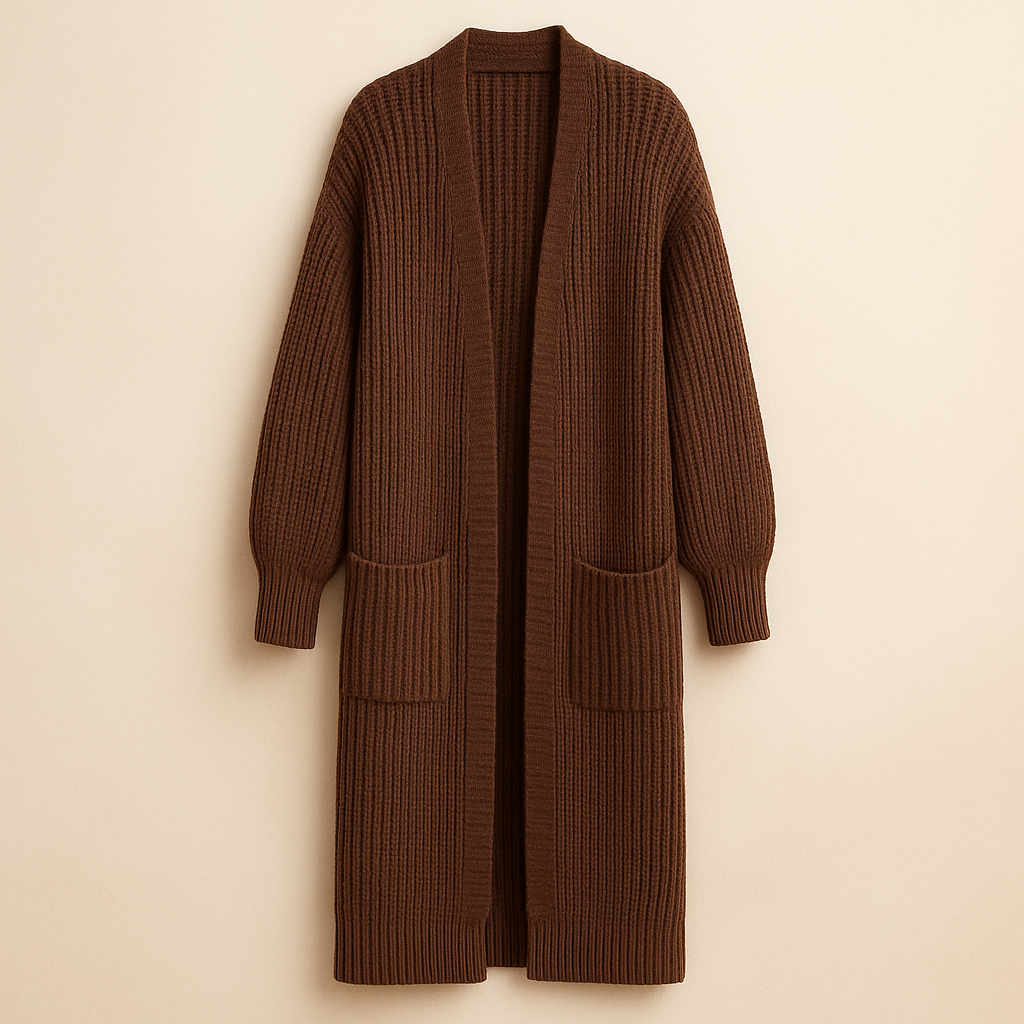 Vue arrière du cardigan long en maille pour femme