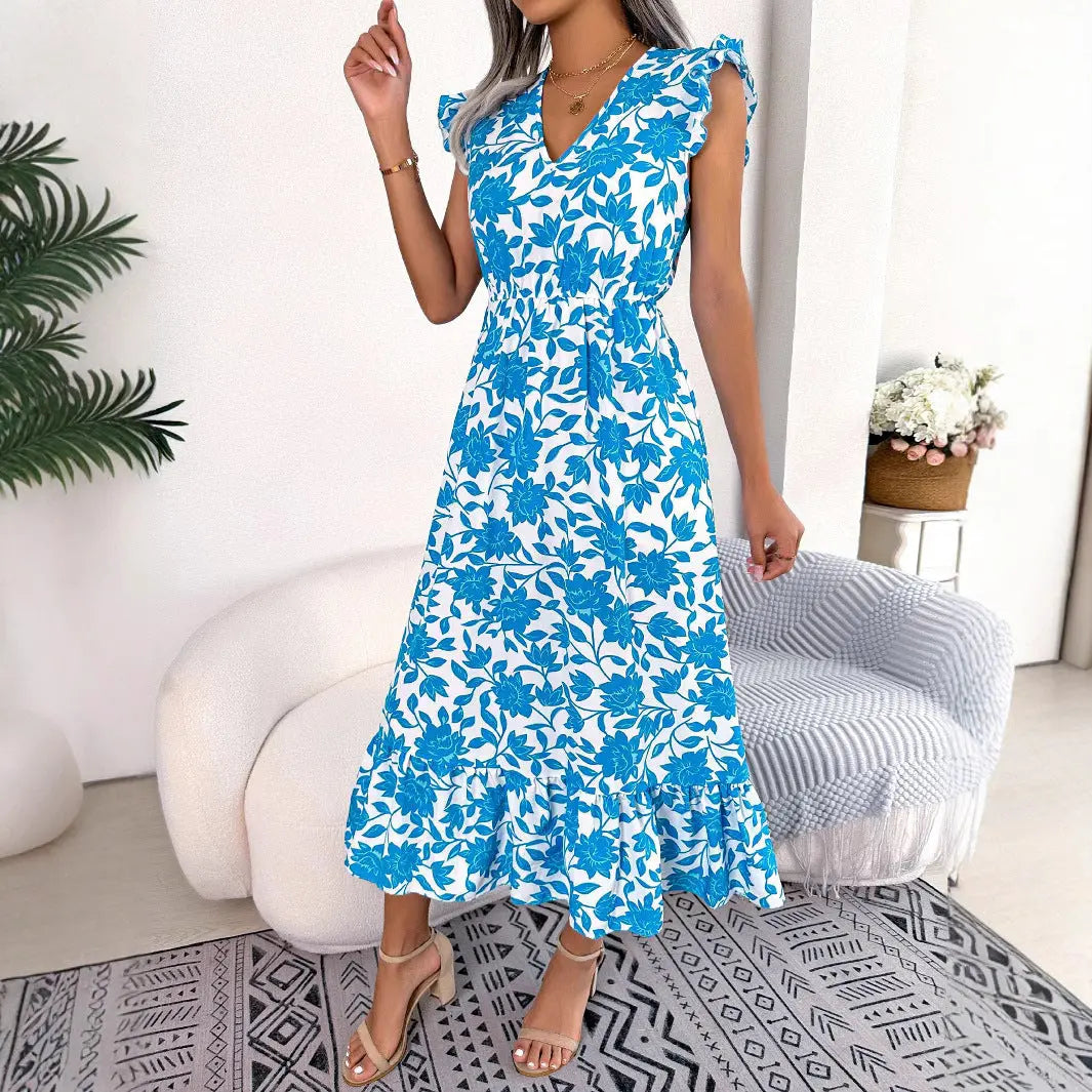 Robe femme à motif floral, manches volantées et longueur midi