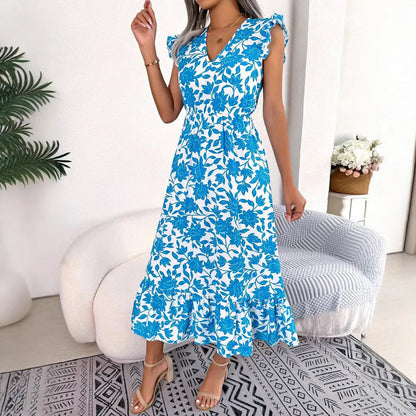 Robe femme à motif floral, manches volantées et longueur midi