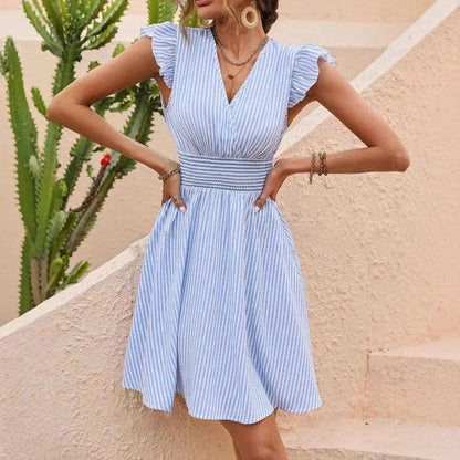 Robe d’été femme fluide avec col V, vue de face
