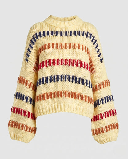 Vue latérale du pull femme tricoté à rayures multicolores