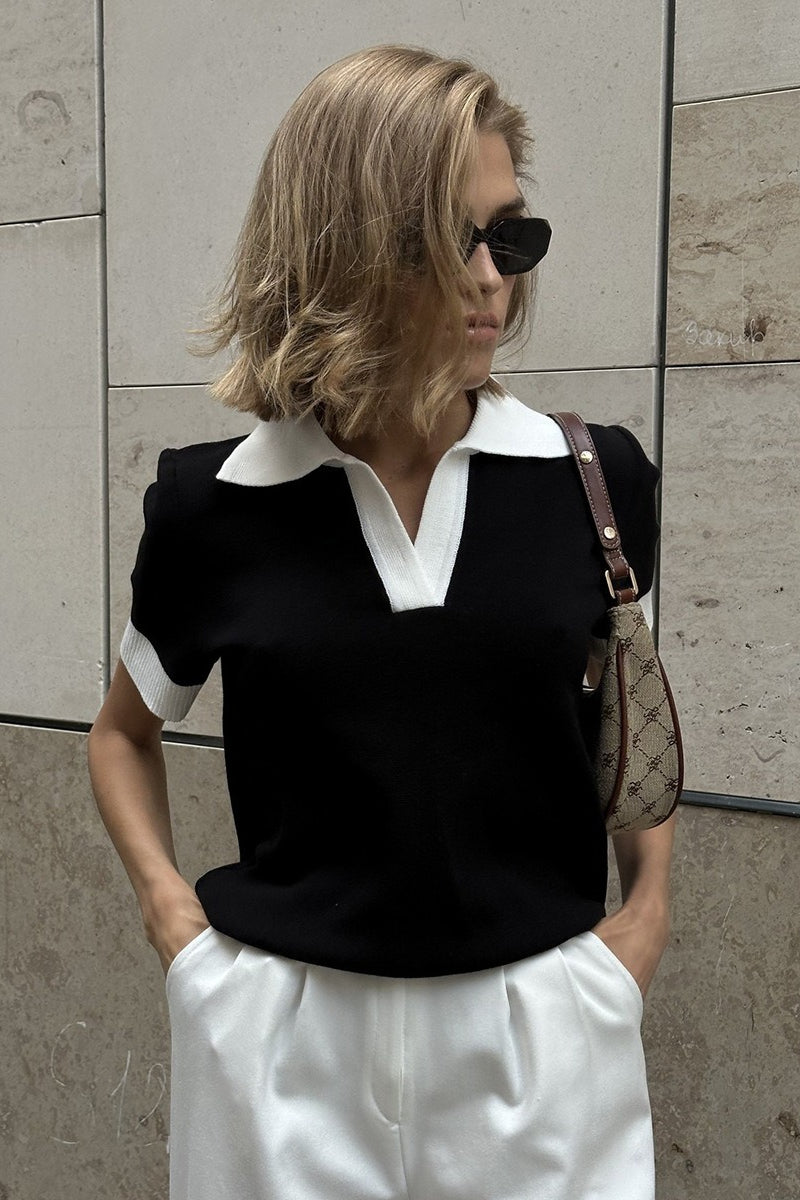 Pull Polo Femme En Maille À Col Contrasté Noir