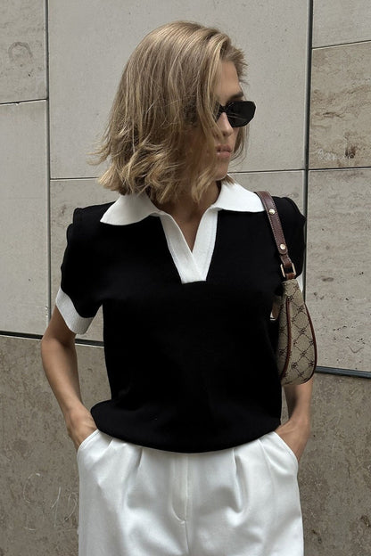 Pull Polo Femme En Maille À Col Contrasté Noir
