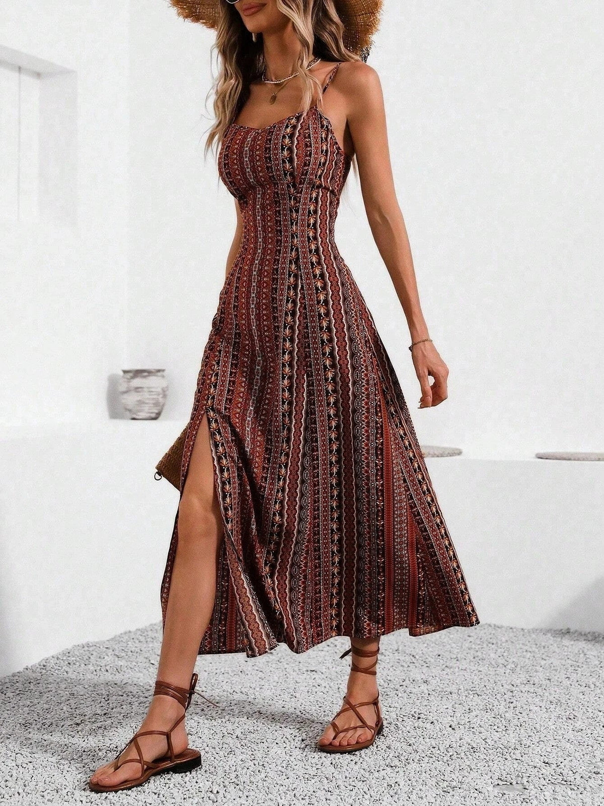 Robe longue &agrave; imprim&eacute; ethnique, dos nu et fendue, Sublime Sophie