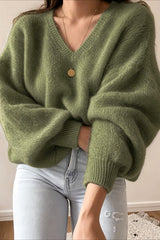Pull Femme Oversize En Maille À Col V Vert Olive