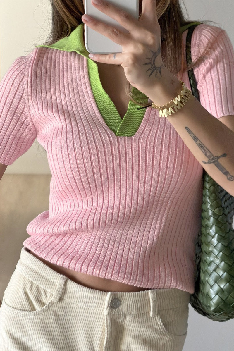 Vue arrière du pull polo femme vert en maille côtelée