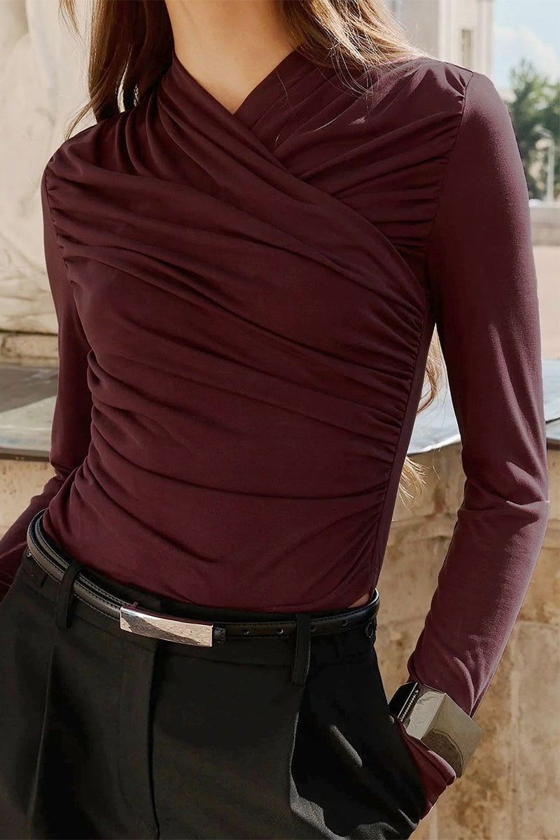Pull femme en maille drapé avec col V et manches longues