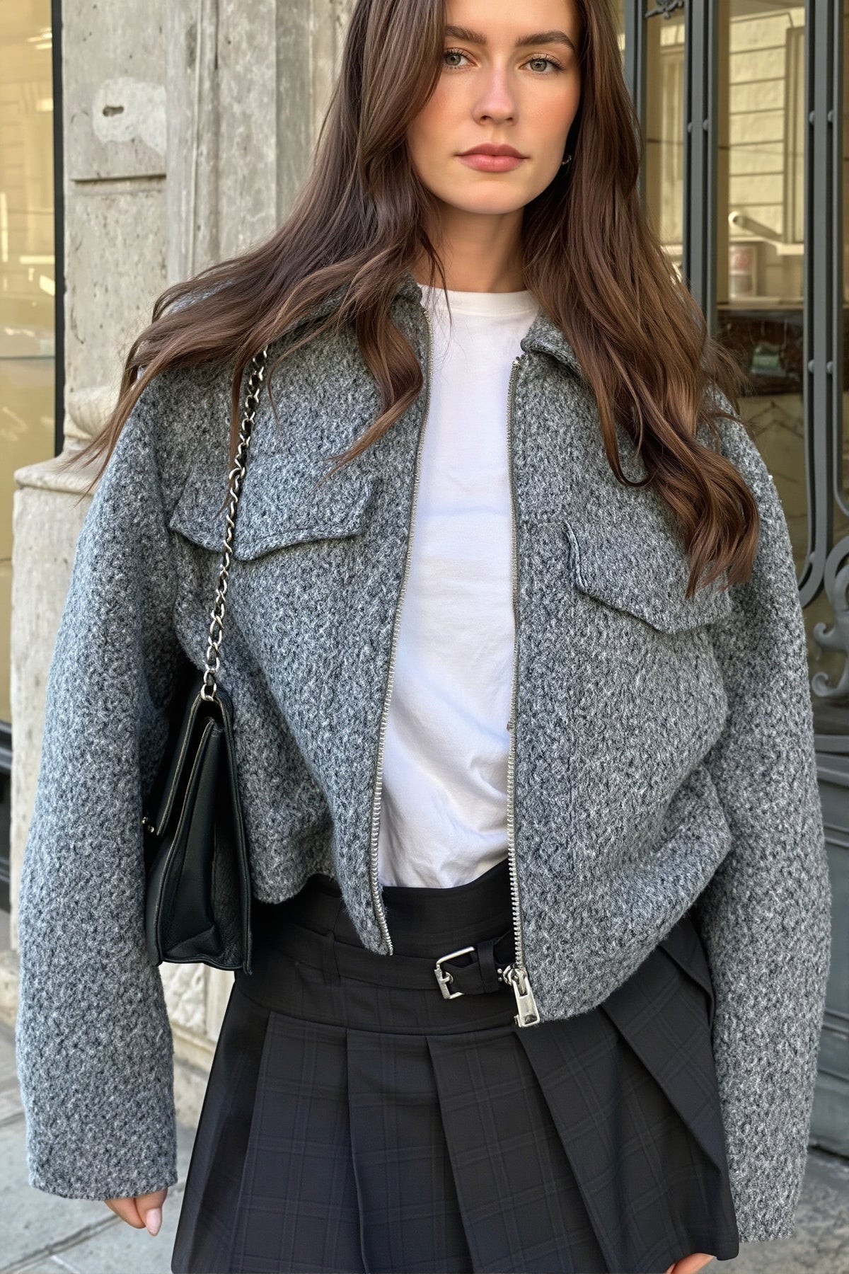 Veste Femme Courte En Bouclé Zippée