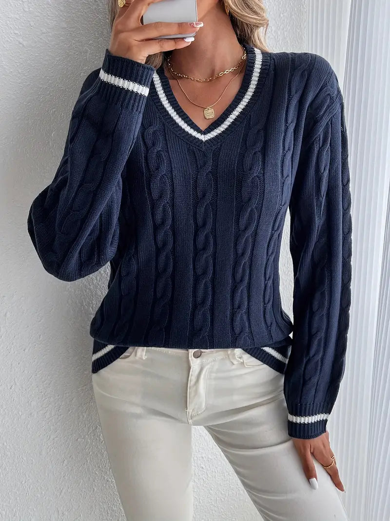 Pull femme col V &agrave; finitions c&ocirc;tel&eacute;es, coupe ample, Sublime Sophie