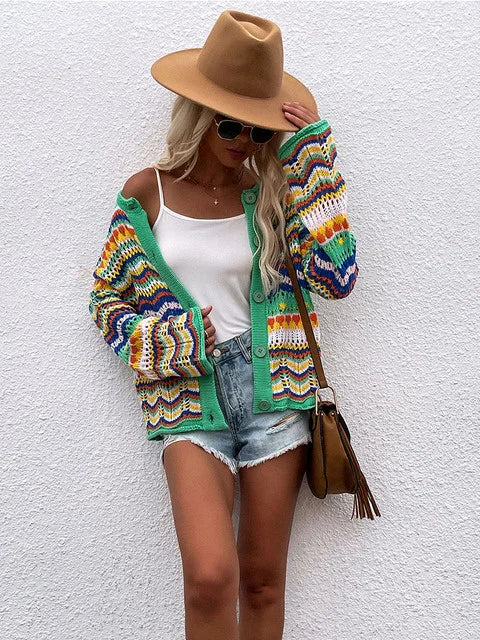 Cardigan coloré en tricot à motifs