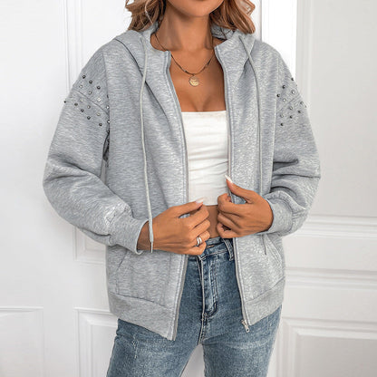 Pull Femme À Capuche En Maille Perlée Gris Clair