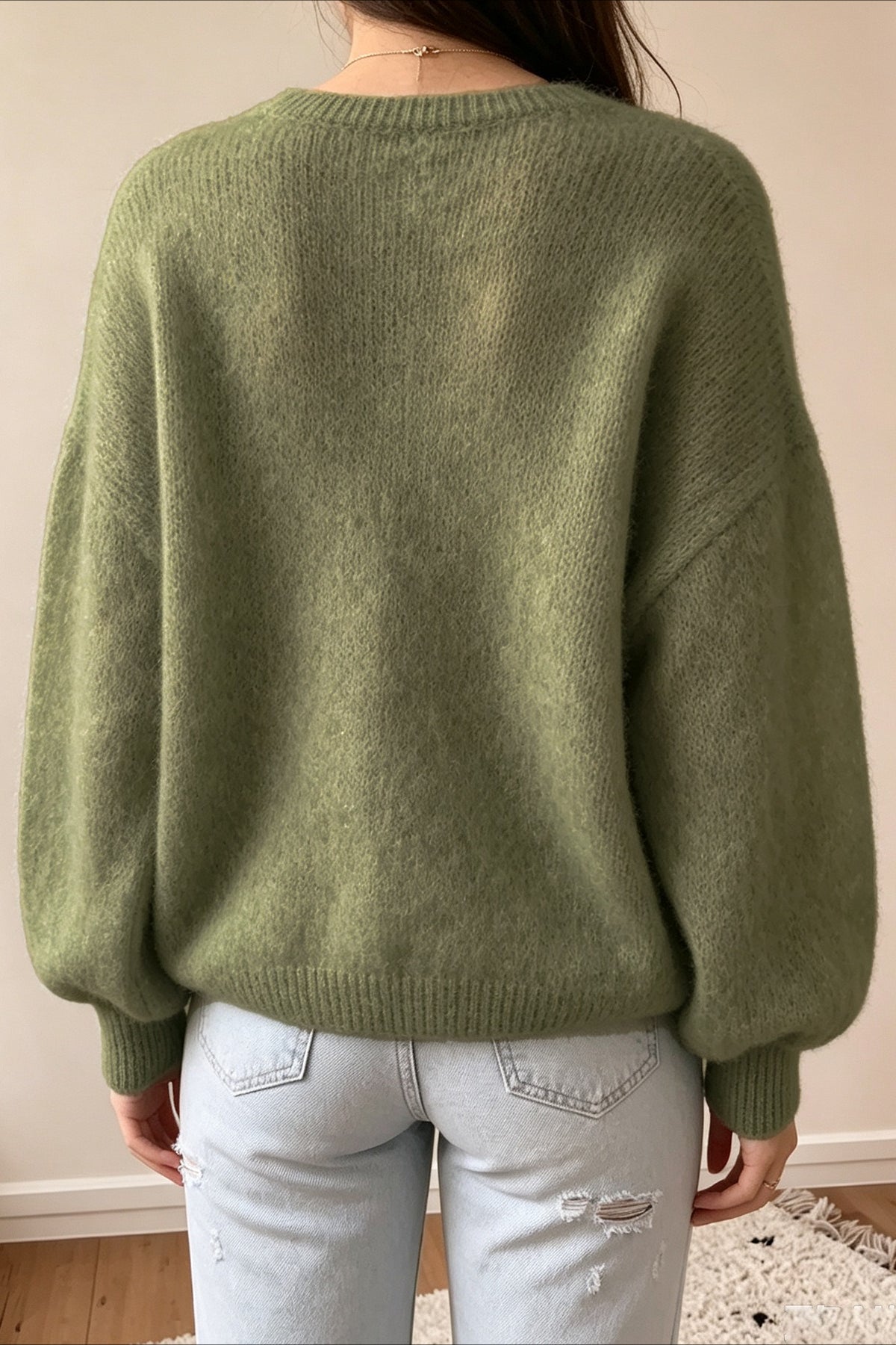 Pull vert olive pour femme à manches ballon et coupe ample