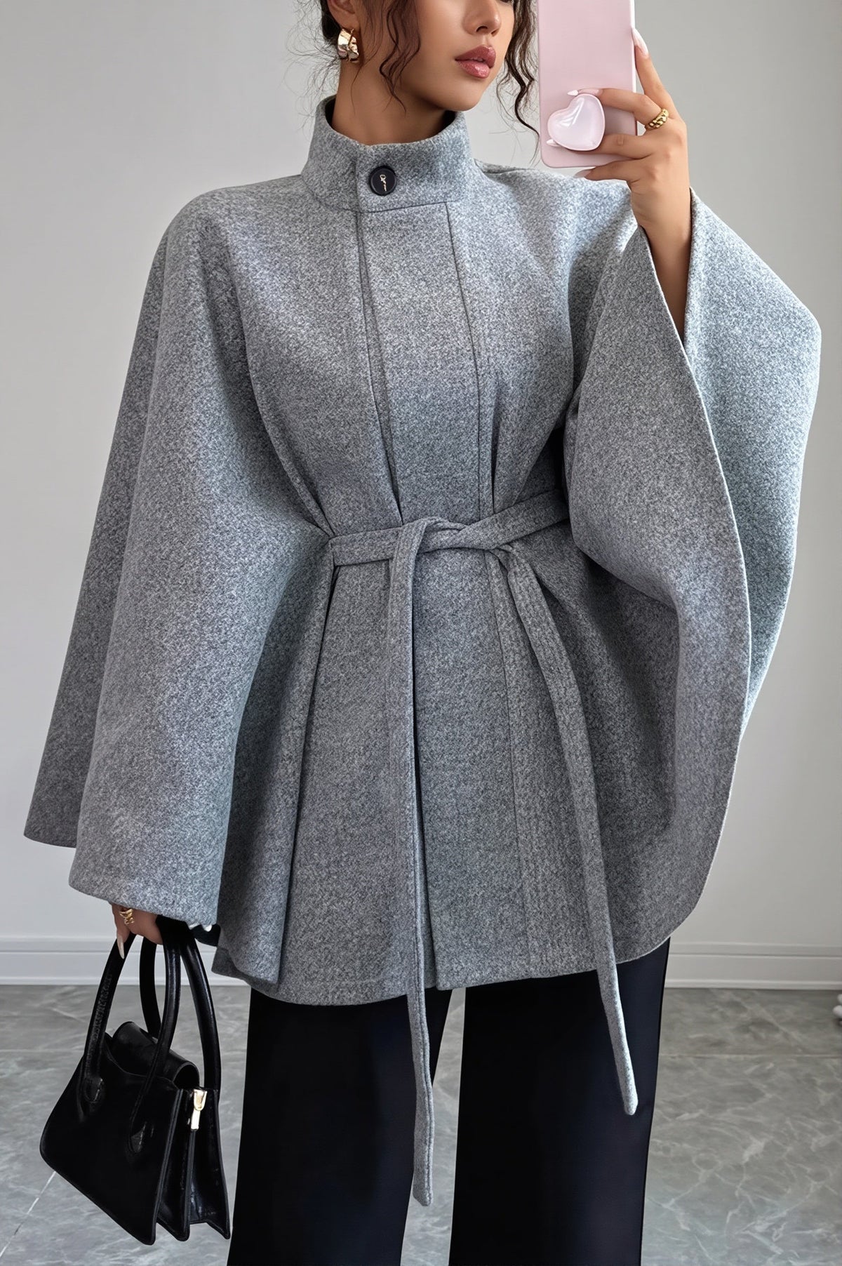 Veste Cape Femme À Manches Amples Aspect Laine Avec Ceinture